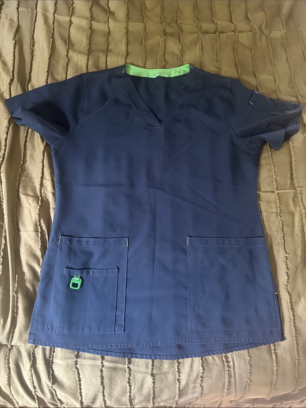 Carhartt Navy Blue Scrub Top with Green Trim